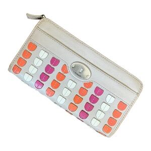 Fossil Leather Full Sized Continental Zip Wallet Geometric Scalloped Appliqué